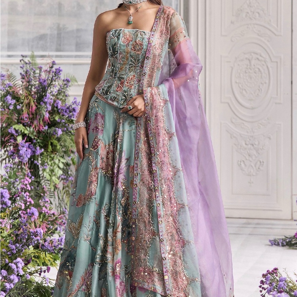 Elegant Lavender and Teal Embroidered Corset Wedding Lehenga from Mahima Mahajan - Picture 4 of 5